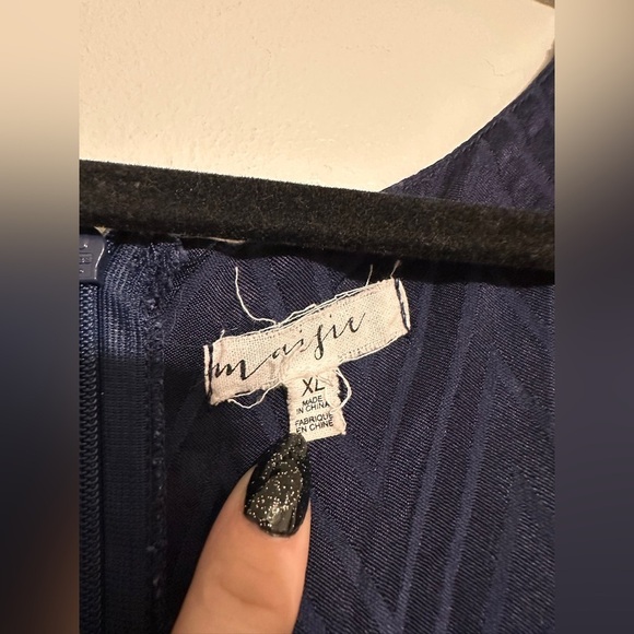 Maisie Navy Blue Morton Chevron Puff Sleeve Satin Silky Midi Dress XL - Picture 6 of 9